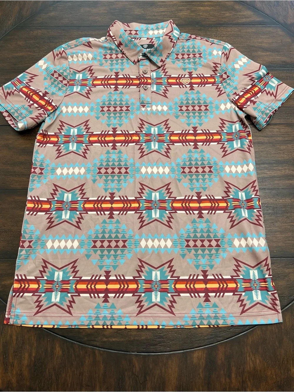 Rock & Roll Denim Aztec Print Polo Shirt Brown Aqua Red S/S Men’s Size Med